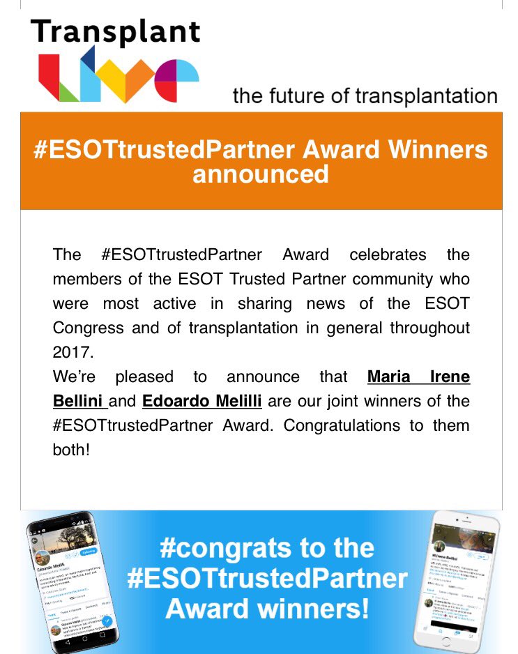 hbellvitge's tweet photo. Enhorabona al Dr. @EdoardoMelilli pel premi #EsotTrustedPartner ,com difusor més actiu notícies del congrés ESOT i trasplant. en general. https://t.co/4fkkOJdu1s