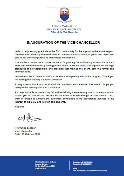 SMU_SA's tweet photo. #VCInauguration: A Thank You Message from Prof Chris de Beer. #WeAreSMU. https://t.co/60RYWCDdIb