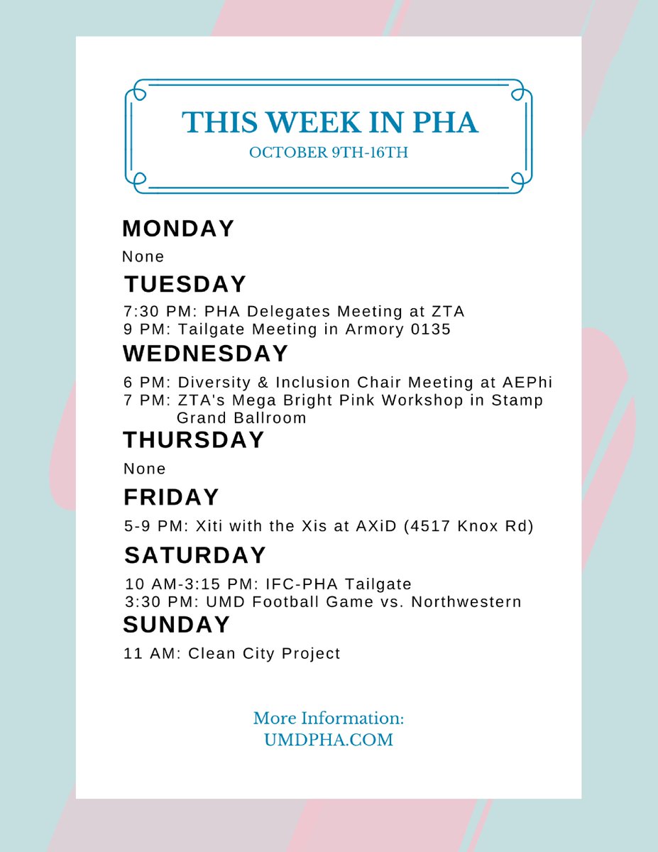 Here are some events going on in the Panhellenic community from October 9th to the 16th!