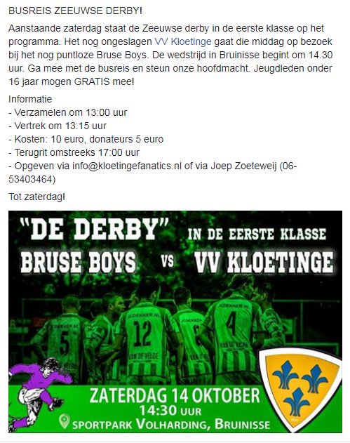 BUSREIS! Zaterdag speelt <a href="/vvkloetinge/">VV Kloetinge</a> de derby op bezoek bij <a href="/VVBruseBoys/">Bruse Boys</a>. Jij gaat toch ook mee?