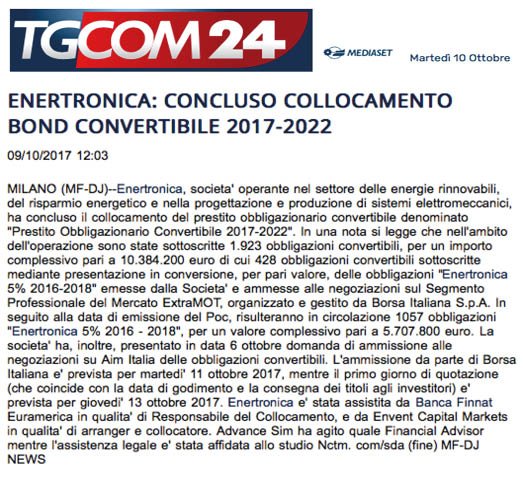 AdvantNctm's tweet photo. @NCTMLawFirm con #Enertronica: concluso collocamento #Bond convertibile 2017-2022 oggi su TgCom24
Team @LukasPLTN 
https://t.co/Nvh1BwcbYP https://t.co/Zk98oaN33O