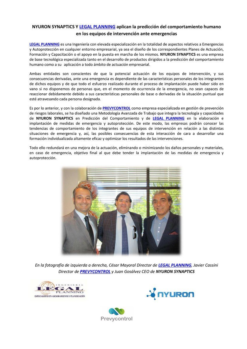 LegalPlanning_'s tweet photo. PredicciΓ³n del #comportamientohumano en los #equiposdeintervenciΓ³n ante #emergencias en colaboraciΓ³n con #Previcontrol y #Nyuron https://t.co/2utdcB6yjj