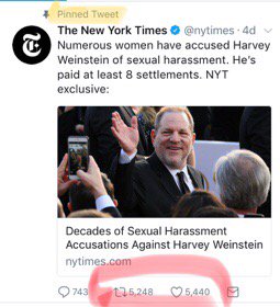 NECSocial's tweet photo. Oh, Donna Karan. @nytimes story on pal Weinstein is a pinned tweet &amp; ur a hashtag. You may know fashion trends, but not viral ones. Done. https://t.co/mCwAwrtAiM