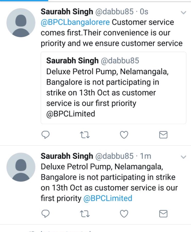 BpclRahul's tweet photo. Proud to share that our Dealers have placed customer convenience at the highest pedestal &amp; decided to stay away from agitation on 13th Oct. https://t.co/yTzfu2Myd1