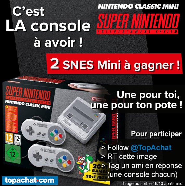 🎁 #Concours 🎁

2 SNES Mini à gagner ! 😍

👉 RT + Follow <a href="/TopAchat/">TopAchat</a>
👉 Tag un ami en réponse (une SNES Mini chacun)