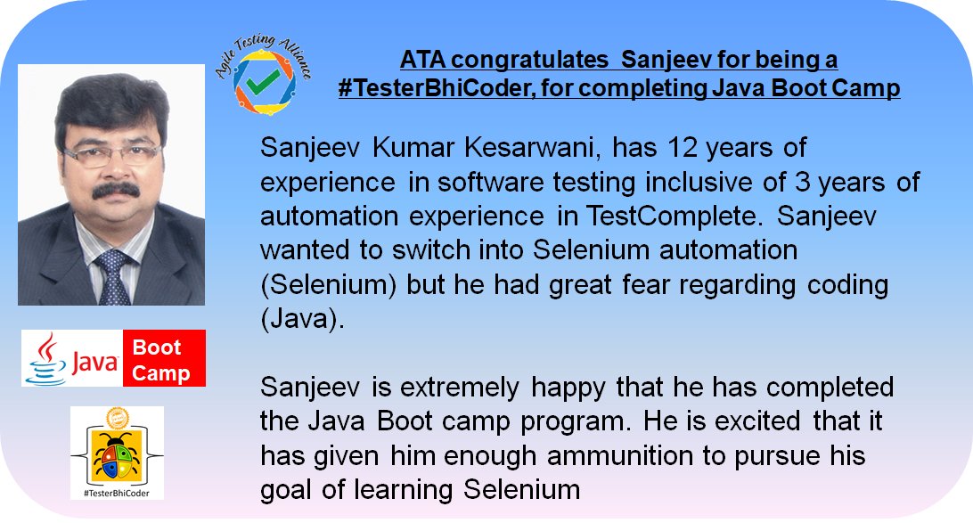 AgileTAlliance's tweet image. Sanjeev attended #Javabootcamp by @AgileTA thank you for your feedback. Next #Javabootcamp starts from 18th November townscript.com/e/java-boot-ca…
