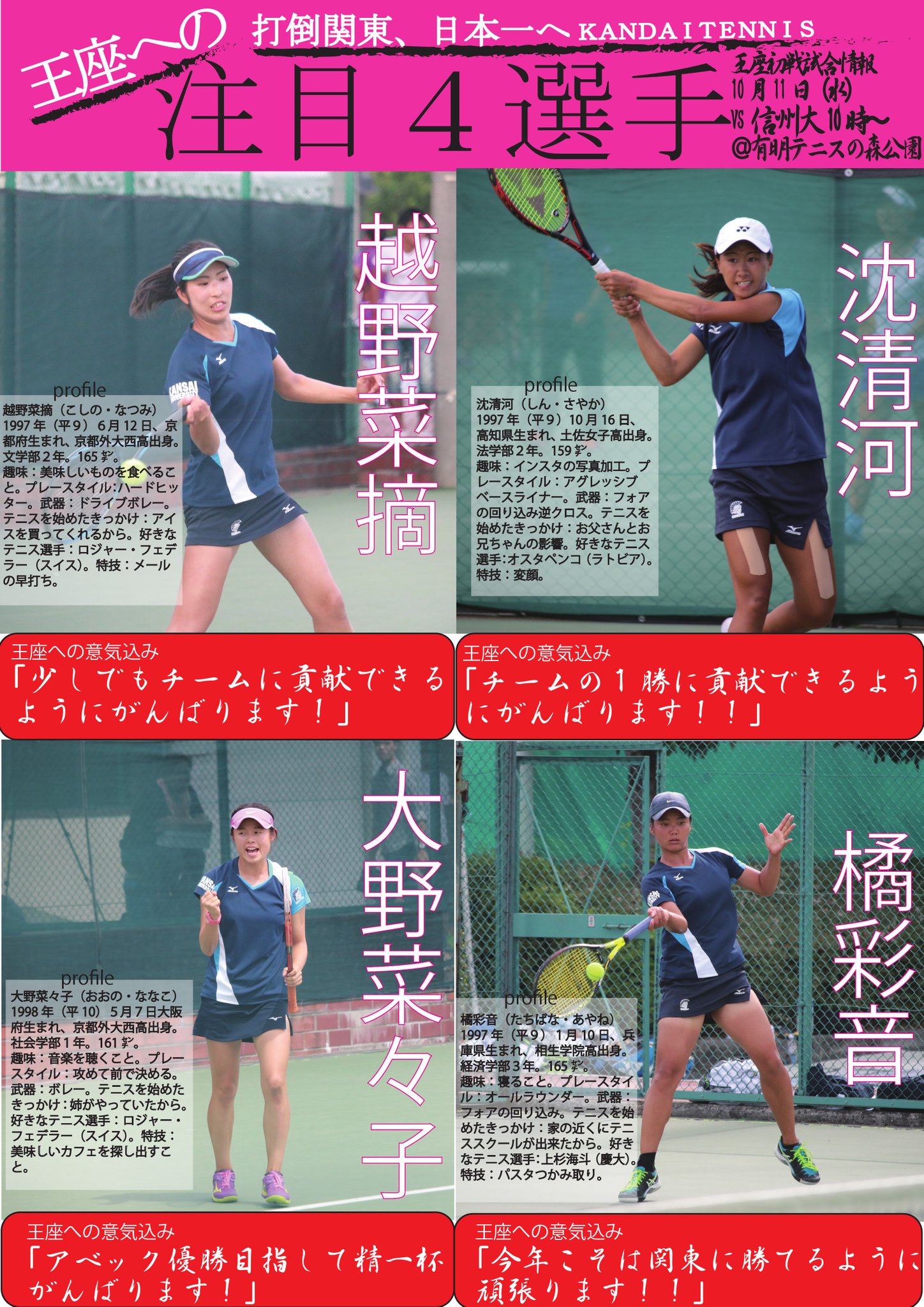 関大スポーツ編集局 Twitter પર テニス女子 平成29年度全日本大学対抗王座決定試合直前企画 注目選手紹介 いよいよ明日王座初戦を迎える テニス部女子 カンスポでは王座制覇へ欠かせない4選手を紹介します 関大スポーツ編集局 Twitter પર テニス女子 平成29年度全日本大学対抗王座決定試合直前企画 注目選手紹介 いよいよ明日王座初戦を迎える テニス部女子 カンスポでは王座制覇へ欠かせない4選手を紹介します