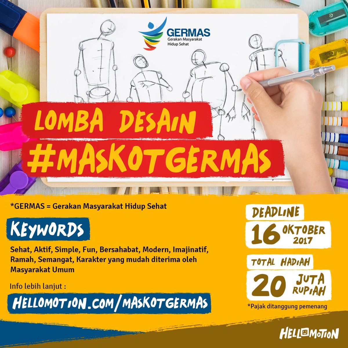 HelloMotionID's tweet photo. Masih ada waktu untuk mengirimkan desain #MaskotGERMAS kamu! Menangkan total hadiah hingga 20 JUTA. DEADLINE 16 OKT. https://t.co/FRyoDKJY5a https://t.co/YTL1QgHVkv