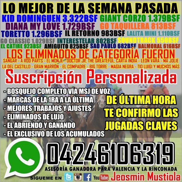 SUSCRIPCIÓN DIRECTA 04246106319, DATAZOS ESTILO (KID DOMINGUEN, TORETTO, GIANT CORZO, DIANA MY LOVE), AYER HUBO PARO DE CABALLERIZOS, YA HOY SE REANUDÓ LA ACCIÓN, SI HAY CARRERAS ESTE SÁBADO EN LA RINCONADA MI GENTE, LEER MÁS CLICK AQUÍ DLxdIZOX4AEVZ-M