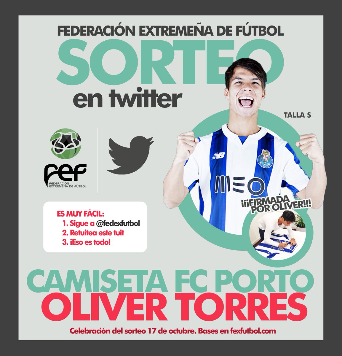 🎲¡SORTEO! ✅Sigue a <a href="/FedExFutbol/">Fexfutbol</a>, 🔁Retuitea este tuit y gana 1 CAMISETA dedicada de <a href="/olitorres10/">Óliver Torres Muñoz</a>, el extremeño del <a href="/FCPorto/">FC Porto</a> ¡Hasta el 17/10!🎁