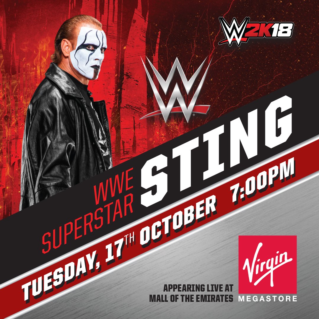 VirginMENA's tweet photo. Meet the WWE Hall of Famer Sting at the official launch event for WWE 2K18, in our Mall of the Emirates store on October 17, 7:00 PM! https://t.co/7knagb7oKX