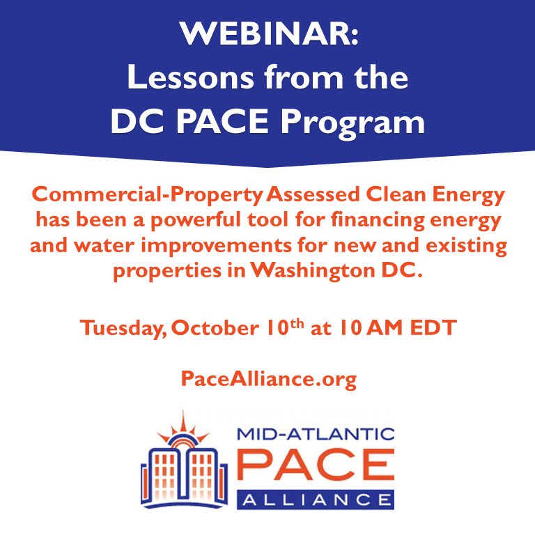 PACE_Alliance's tweet photo. Today at 10 AM: Webinar on the DC #PACE program from @pace_alliance w/ @IngenuityPower @DOEE_DC @DMMEVA https://t.co/XrASQ1IxZ1 https://t.co/hlQlOZY59H