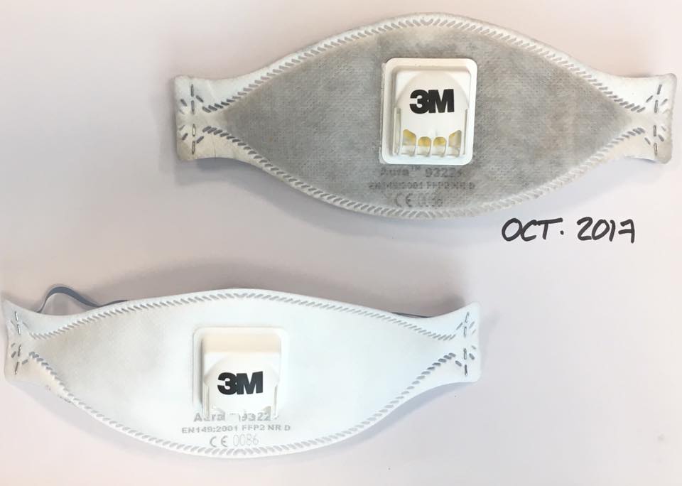 Una mascarrilla nueva y otra usada 45 min al día durante las 2 últimas semanas #contaminacionmadrid. Por <a href="/BiciTtec/">Bici ttec</a>