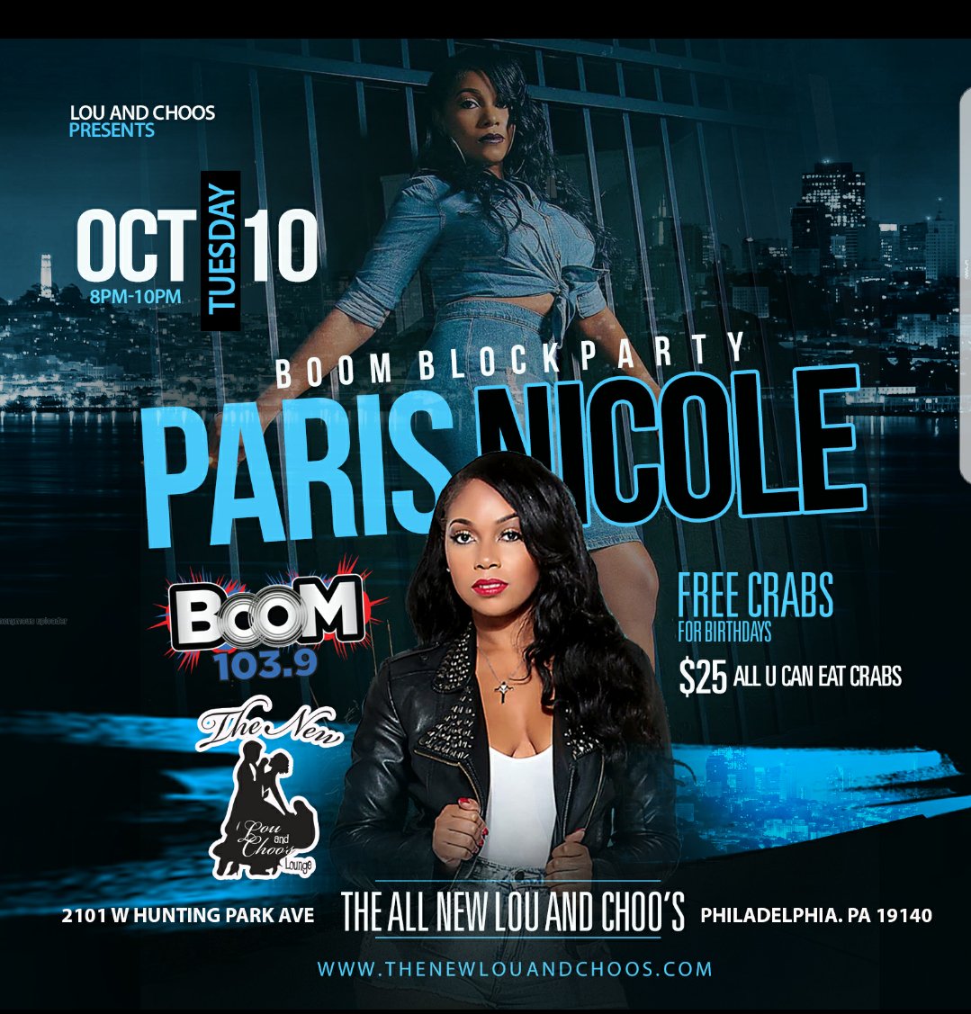 rnbphilly's tweet photo. Join Paris Nicole tonight #BoomBlockParty at the All New Lou & Choos! Download our app to get on the #BoomPartyBus! https://t.co/8r15iSEbkN https://t.co/SL0wlsLVKa