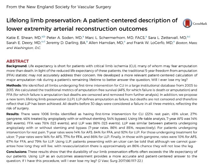 JVascSurg's tweet photo. 85% lifelong limb preservation (LLP) w/ revascularization. Evaluating LLP as an outcome measure over length of amputation free survival. https://t.co/6aHHRwdrqd