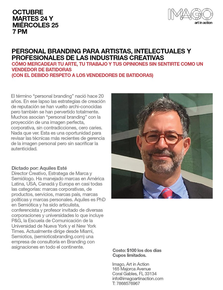 AQUILESESTE's tweet photo. Personal Branding para Intelectuales, Artistas y Profesionales de las Industrias Creativas. Este martes 24 en Imago. Ruédalo no más https://t.co/RBM7oxtFNW