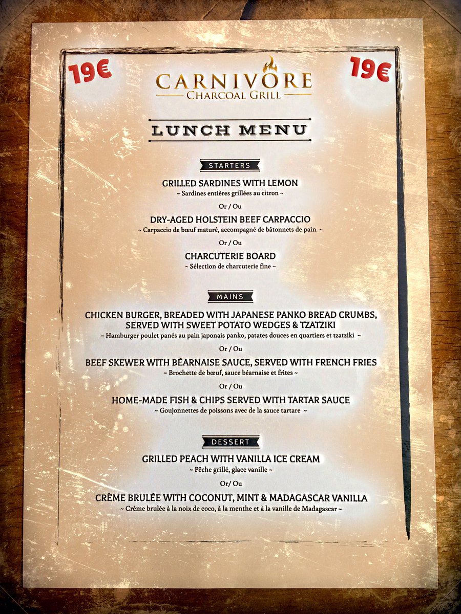 CarnivoreGrill's tweet photo. This week's 19€ lunch menu @CarnivoreGrill 🙌����🙌🏽🙌🏽 https://t.co/9TpuCZttSt