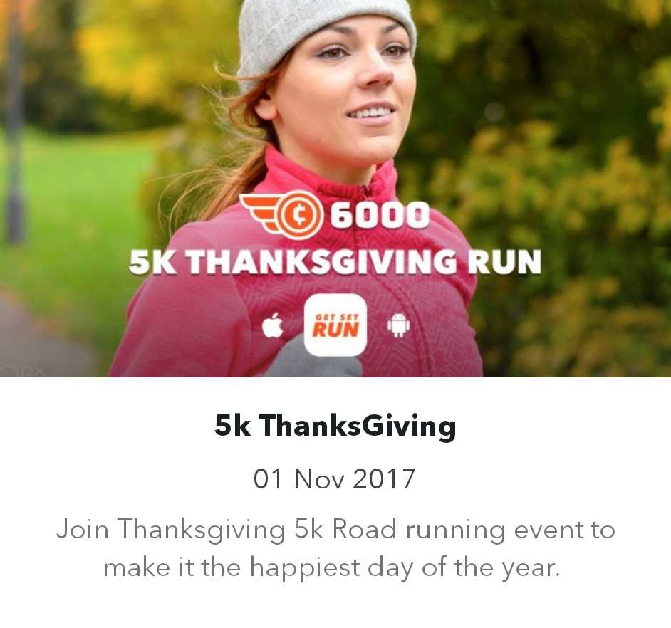 priyaranjan004's tweet photo. #GetSetRun 01 Nov 2017
"5k ThanksGiving"
Join Thanksgiving 5k Road running event to make it the happiest day of t...
https://t.co/fsYgoM47ae https://t.co/hfVoOPwwmq