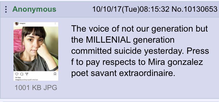 miragonz's tweet photo. thanks to my dedicated fans over at 4chan’s literature board for spreading the word about my death. much appreciated https://t.co/qxDcSPLJ2Q