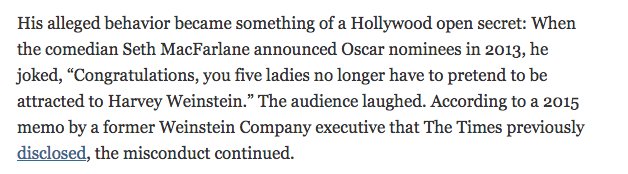 jodikantor's tweet photo. Hollywood figures were unaware of Weinstein harassment allegations?! Look at this joke from the Oscar nominations, of all events, in 2013. https://t.co/imsXCOwhYV