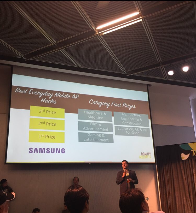 realityvrhack's tweet photo. Closing ceremony at the #RealityVirtuallyHackathon from Everyday Mobile #AR, Industry Categories, Grand Prizes, and Special Awards! #VR https://t.co/1s6cdrcFjl