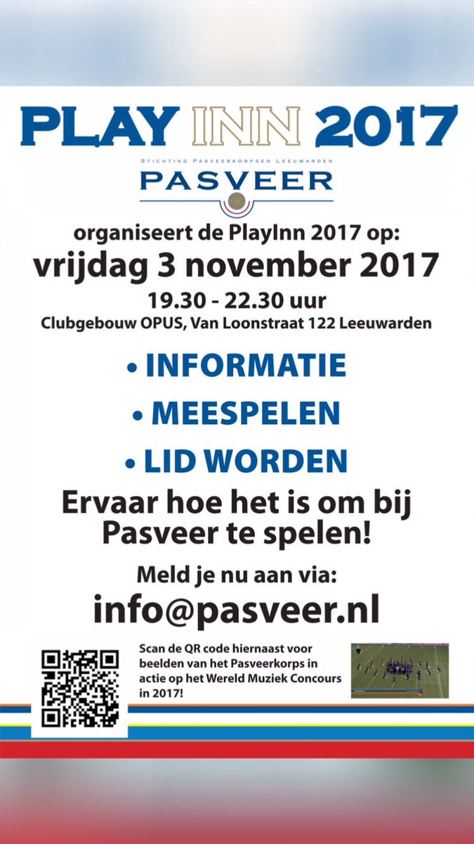 Vrijdag 3 november is de PlayInn van het Pasveerkorps! Heb jij interesse om bij Pasveer te komen spelen? Dit is je kans!  #korpsmuziek