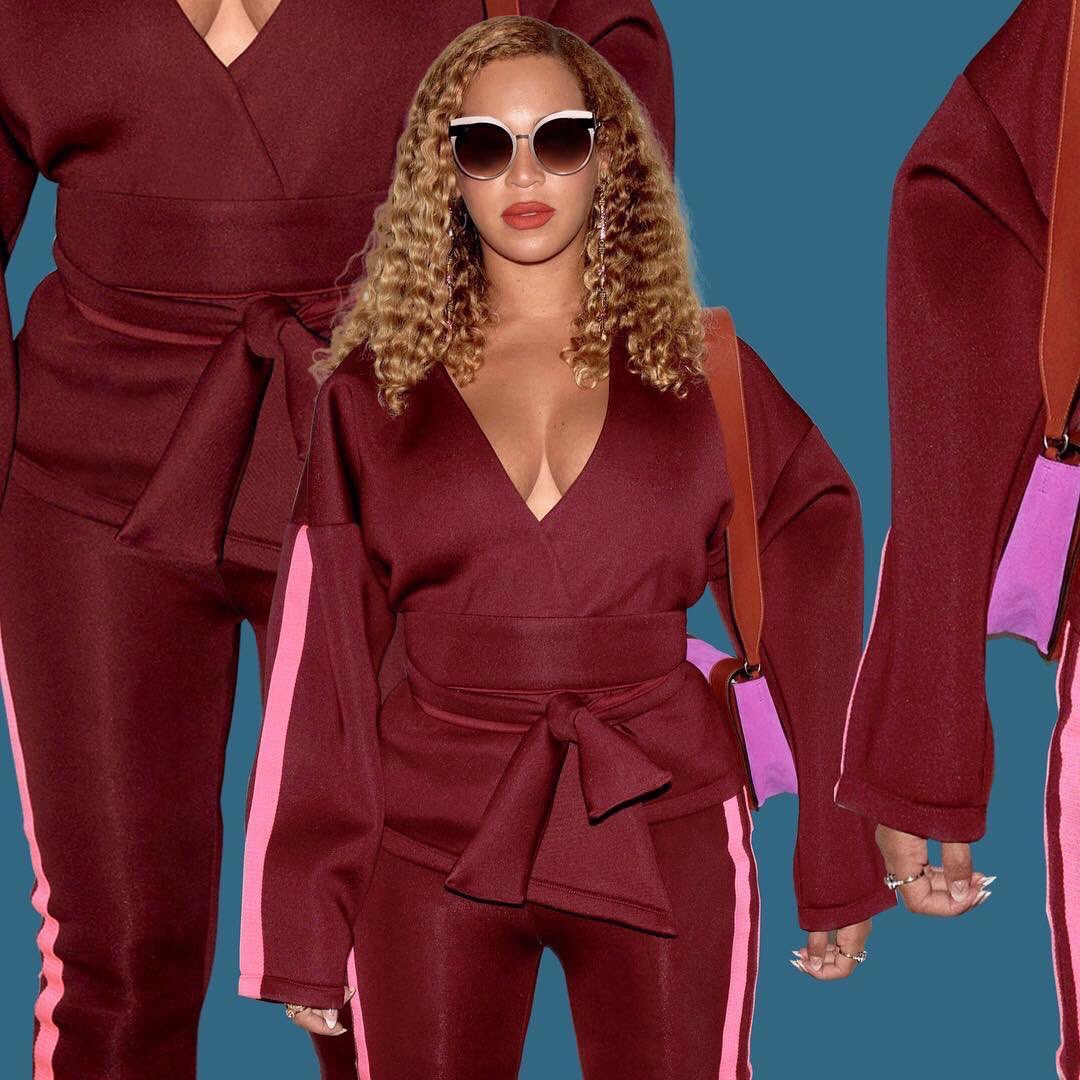 fvshiondvting's tweet photo. #StyleEdits Beyonce pictured wearing $98 @sammybdesignsny wine and a pop of neon stripe neoprene trousers and matching top https://t.co/BfeN8xECKj