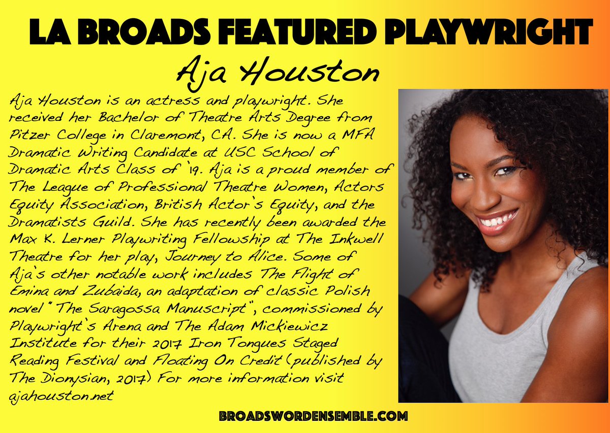 MEET THE PLAYWRIGHTS of #LAbroads: @Aja_Houston's piece is a huge reason not to miss this show. Oct 14 &amp; 15-- tix at broadswordensemble.com