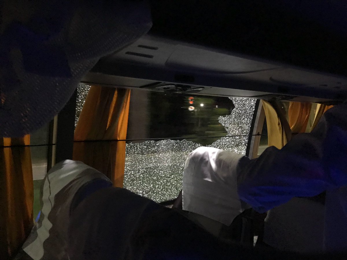 Pretty scary having a rock thrown through the team bus window on the way back to the hotel!!