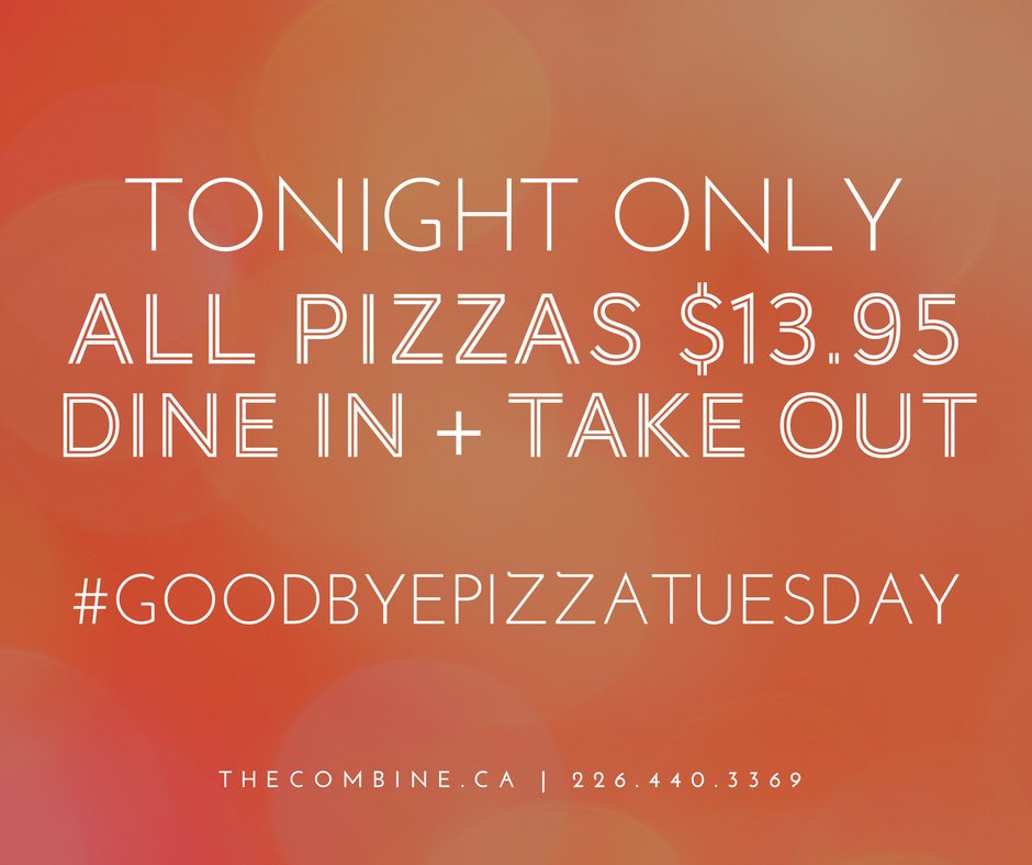 Help us say #goodbyepizzatuesday TONIGHT! All pizzas $13.95, dine in or take out! 🍕