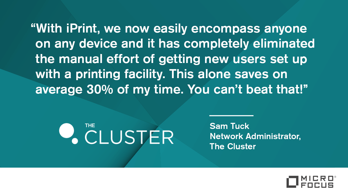 MicroFocusColab's tweet photo. #iPrint saved @_TheCluster time by eliminating manual effort of setting up new users with #printing facility: https://t.co/i7BPlfhcuM https://t.co/nt2OAC4LYF