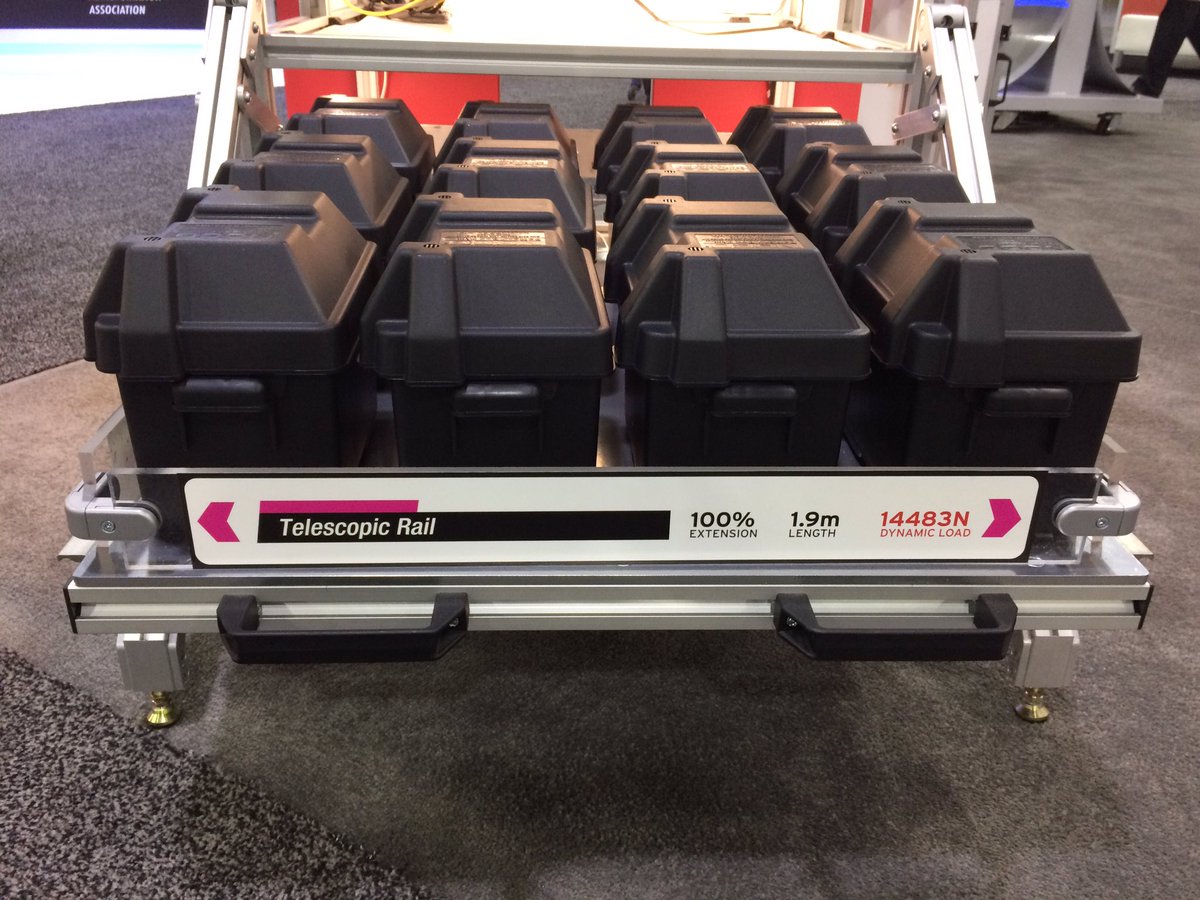 RollonLinear's tweet image. If you're at #APTAEXPO today, visit us at booth #8416 and see our 2m, 100% extended telescopic guides that hold 3,000 lbs. #batteryboxes