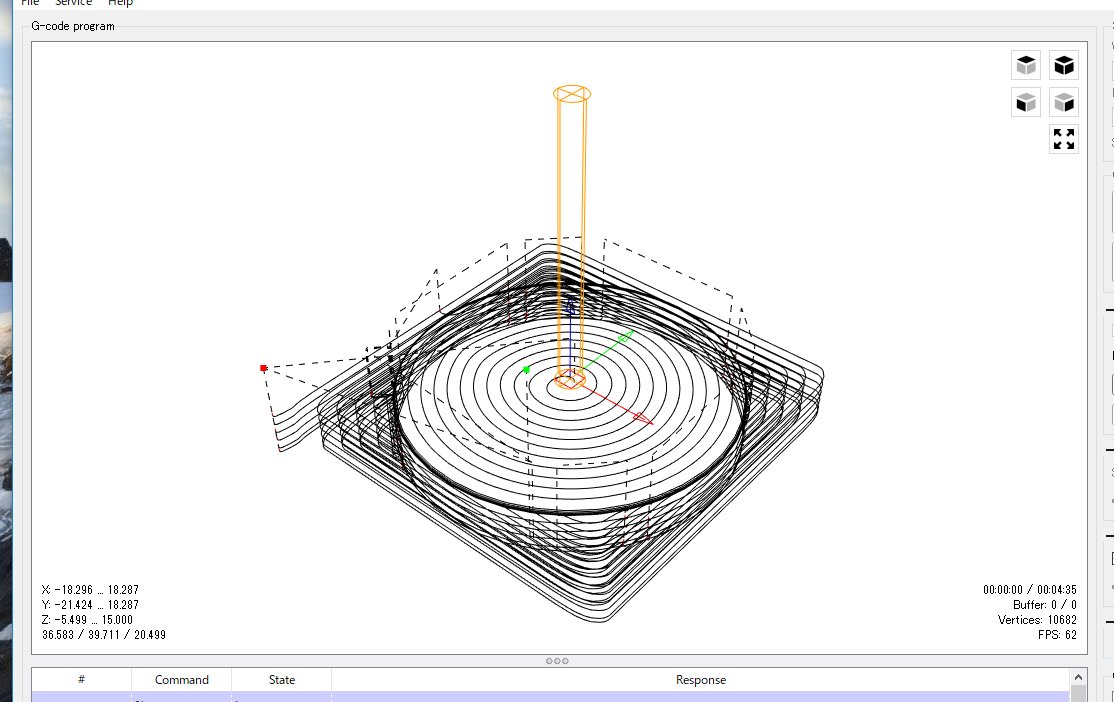 snjru's tweet image. ワーク原点理解して、削れたけどうるさいから明日にしよう。切削条件もちょっと違う気がする。
#Fusion360  #grblControl  #CNC2417