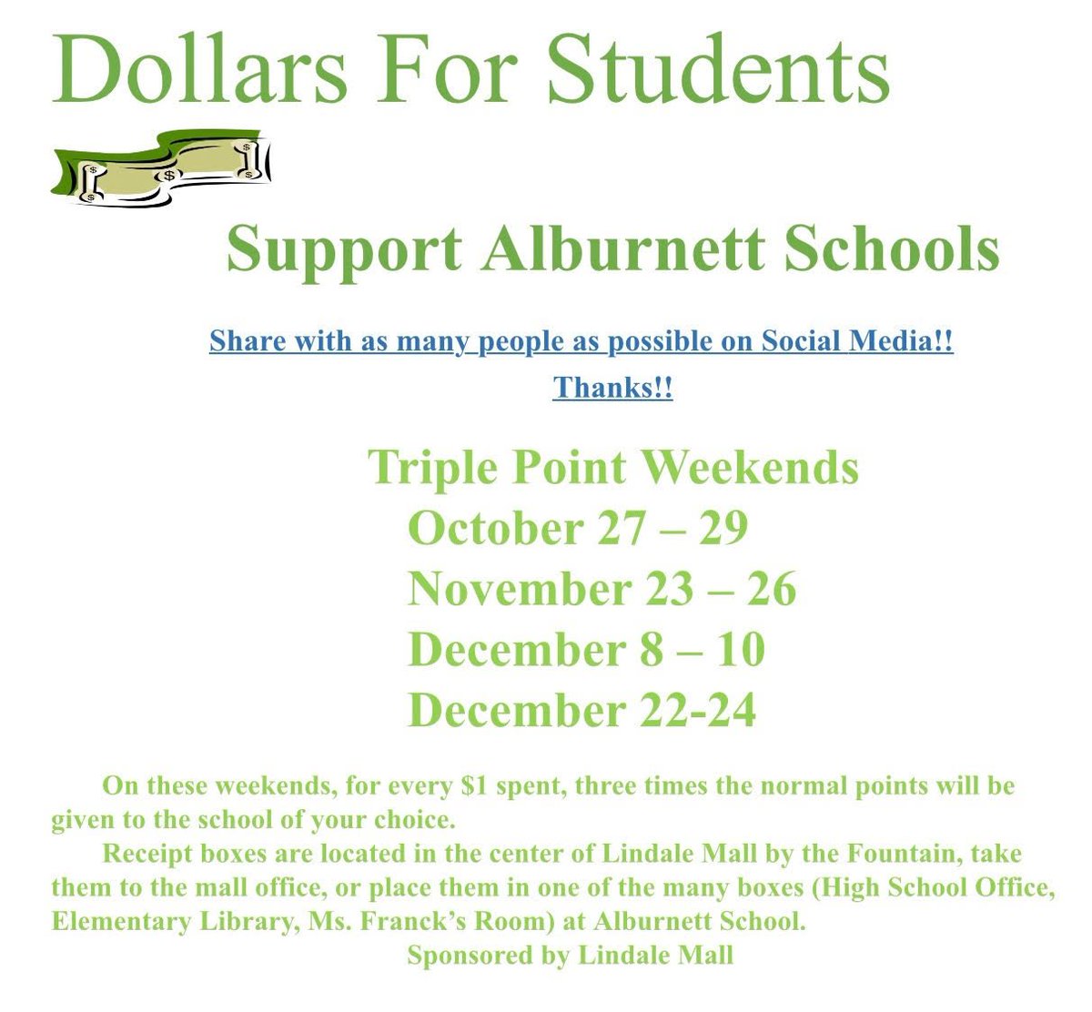 Support Alburnett NHS and Dollars for Students to raise money for our school and students! #DollarsforStudents #LindaleMall