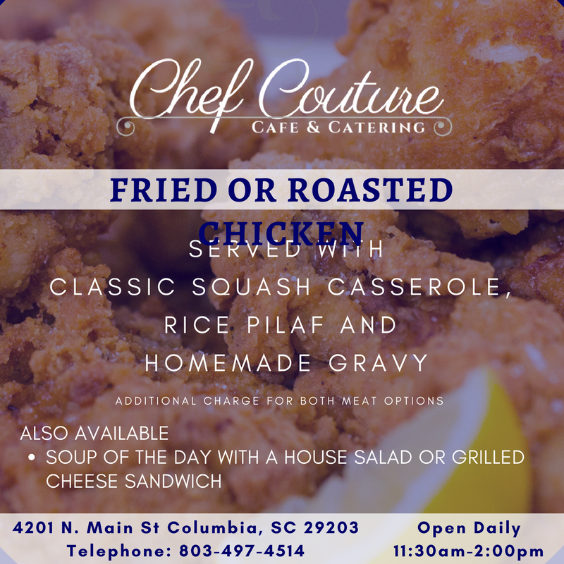 ChefCoutureCafe's tweet photo. Southern cuisine is our specialty! Stop by today to enjoy.
#ChefCouture #ColumbiaSC #Lunch #Foodie #FacesofColumbia https://t.co/jjRsFur8Fj
