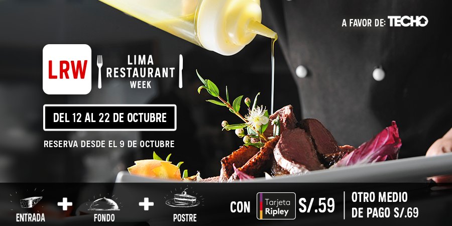 atrapaloperu's tweet photo. ¡Ya puedes disfrutar de #LimaRestaurantWeek! 😃 34 #restaurantes top de Lima y Callao ofrecen un menú exclusivo a precio especial. Reserva gratis y paga en el restaurante, con tarjeta de crédito Ripley a solo S/.59, y con otro medio de pago a solo S/.69 ➡ https://t.co/Jhik7g3deW https://t.co/4M8wtjUeqf