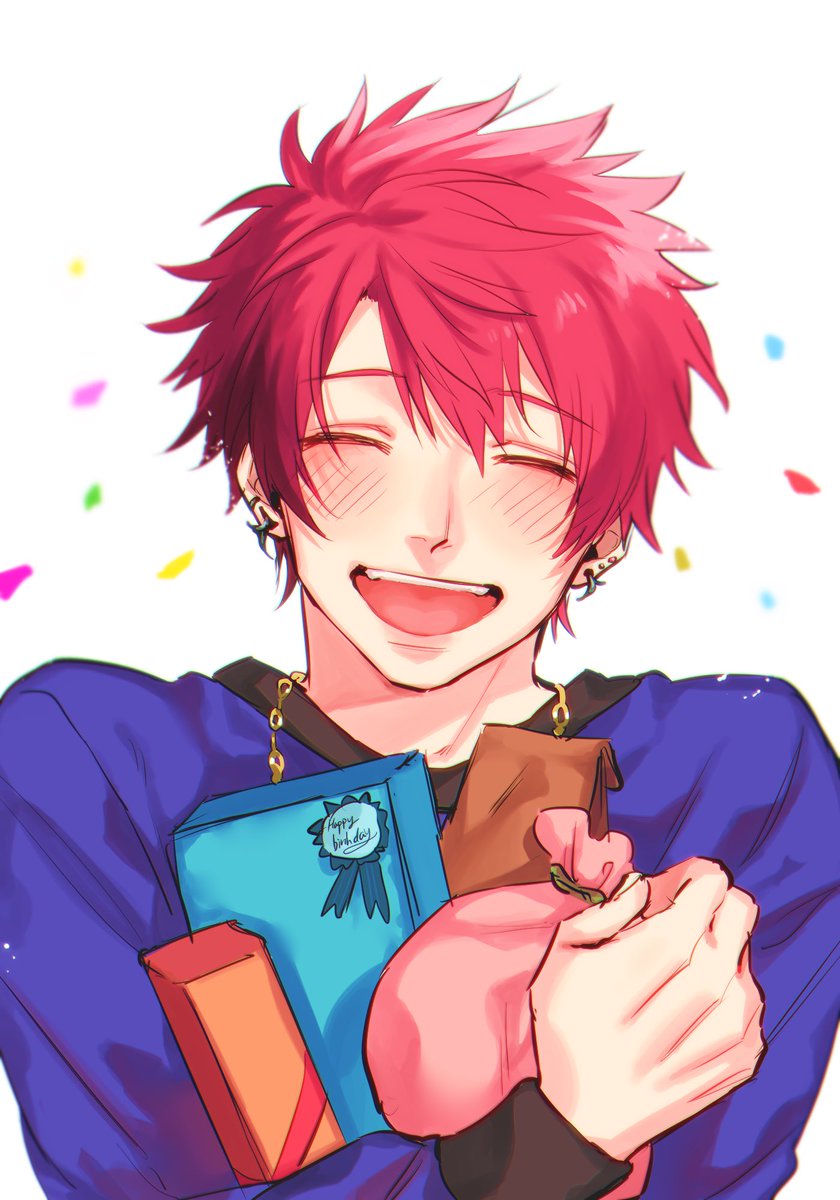 1boy male focus closed eyes smile solo blush red hair  illustration images