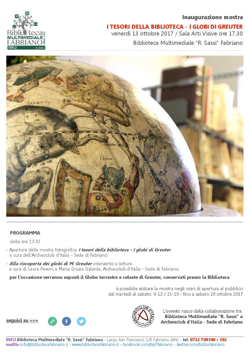#BibliotecaFabriano inaugura ven13ott ore17.30
I tesori della Biblioteca. I globi di Greuter 
info👉ow.ly/mcE730fM9Ip
#Mostre #Greuter