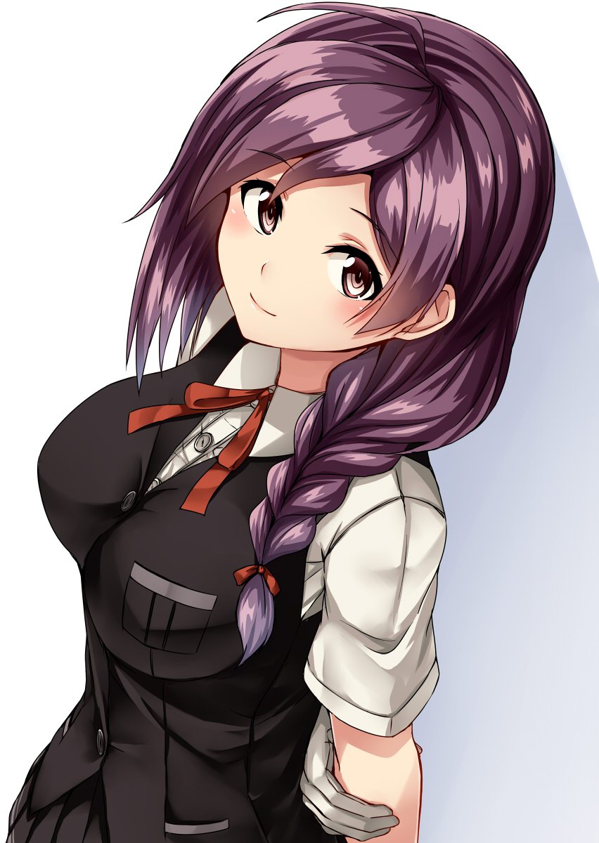 hagikaze (kancolle) 1girl solo purple hair long hair ahoge vest ribbon  illustration images