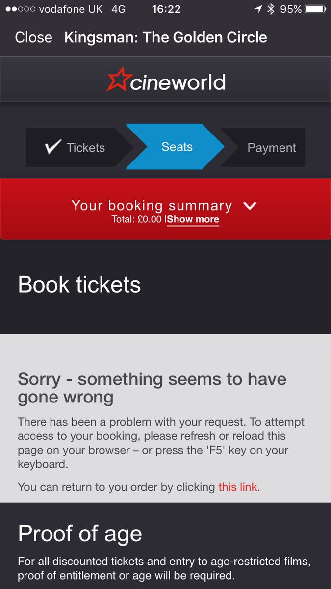 chrisclapham's tweet photo. @cineworld Hi, is your booking engine down? Tried multiple times to book on both apps but keep getting an error? https://t.co/C0qhGrUV7T