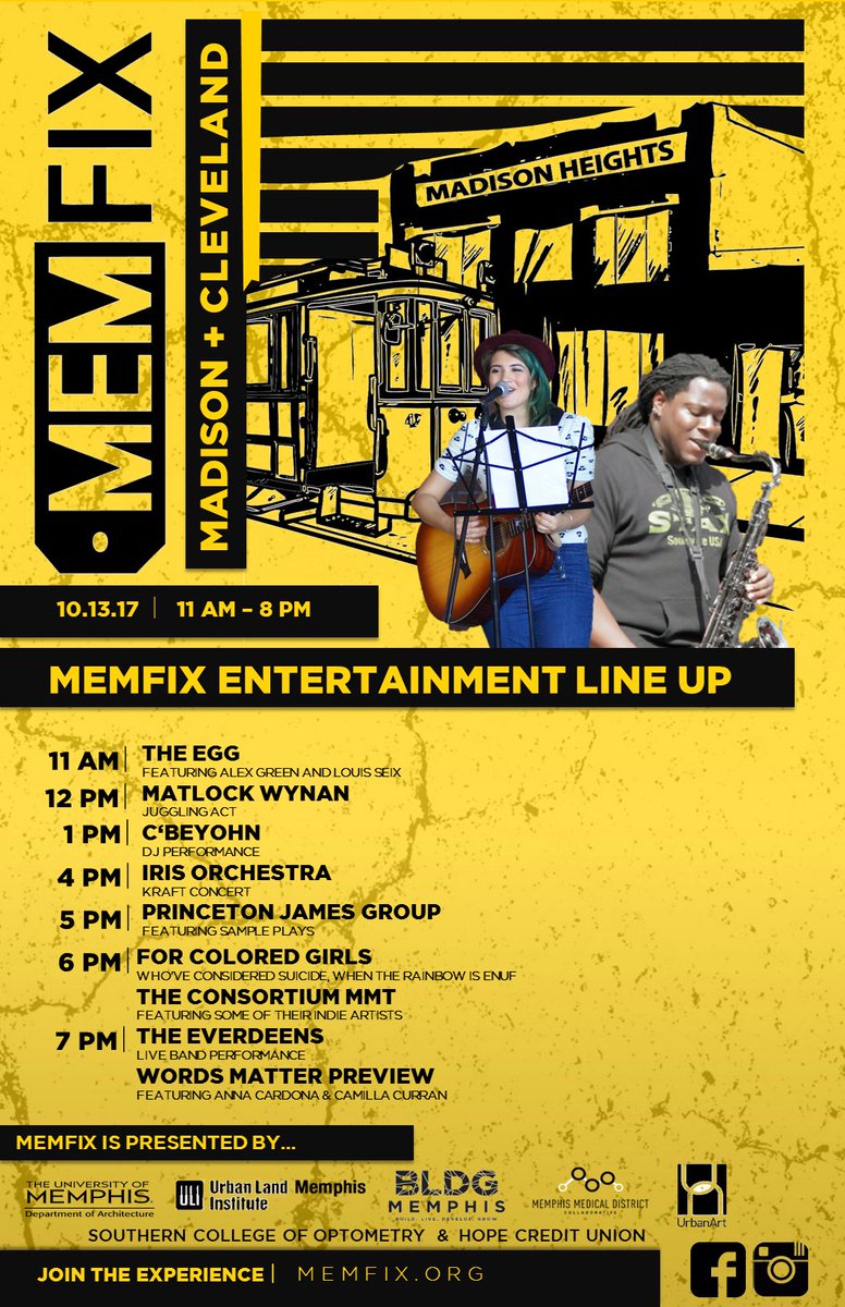 BLDGmemphis's tweet photo. Checked out the entertainment lineup for #MEMFix #MadisonHeights? @IRISorchestra @consortiummmt @cbeyohn and more! See you Friday 11-8. https://t.co/nD1HSDiOjy