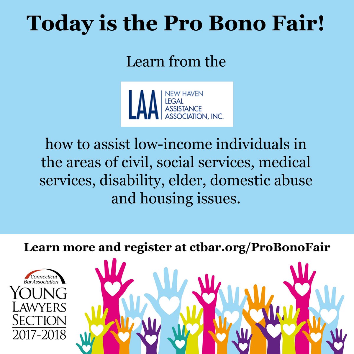 CBA_YLS's tweet photo. We are looking forward to the Pro Bono Fair TONIGHT at UConn Law & Quinnipiac Law from 6:00 - 8:00p.m. #cbayls #probono https://t.co/fGEjcHt3qN