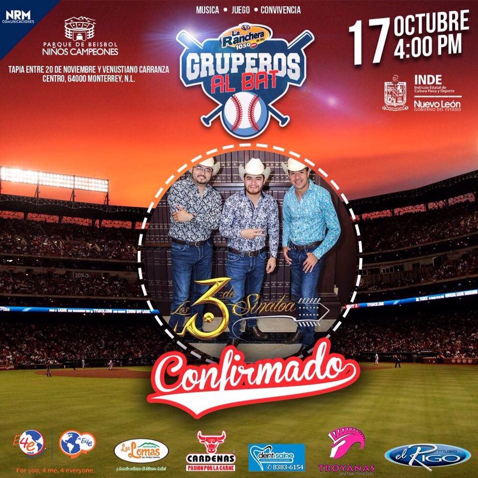 Los3DeSinaloa's tweet photo. Nos vemos 17 de octubre en #Monterrey #NL con los amigos de @LaRanchera1050 en #GruperosAlBat ¡No falten, plebes! ⚾️🔥💯✌️ https://t.co/LAvT7DEeds
