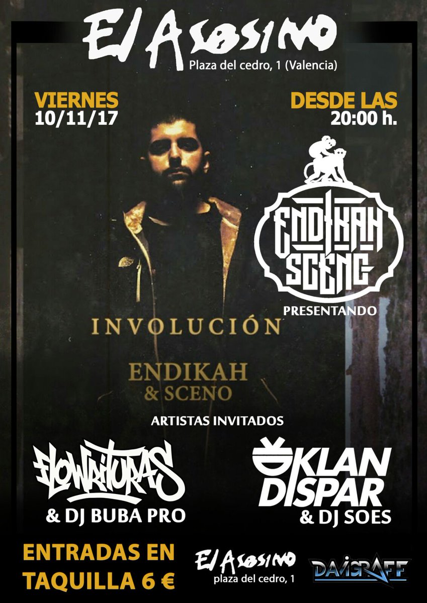 Justo dentro de un mes tendremos a @EndikahLMTYT <a href="/TuchiYONKOSTEAM/">DjTuchi</a> en VLC presentando "Involución" junto a <a href="/flowrituras/">Flowrituras</a> <a href="/MiseRap/">Mise Desastre</a> y KlanDispar