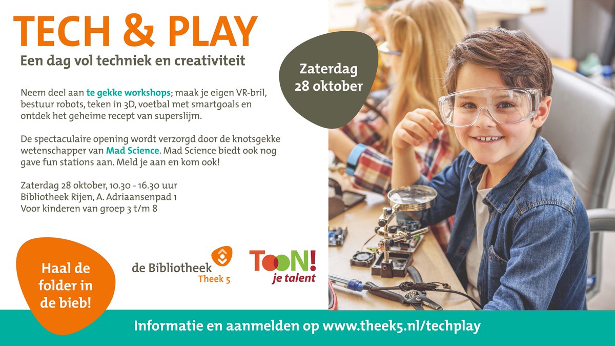 Tech &amp; Play workshops | Meld je spoedig aan bij <a href="/theek5/">Bibliotheek Theek 5</a> Rijen via theek5.nl/techplay | met ondersteuning van <a href="/toonjetalent/">Toonjetalent</a>