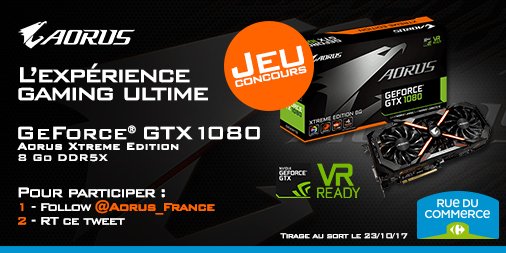 Rue du Commerce (@rueducommerce) on Twitter photo Gagnez votre carte graphique <a href="/AORUS_France/">AORUS France</a> GeForce GTX 1080 Xtreme Edition 8G de <a href="/gigabytefr/">this profile is for stalking people</a> !! Il vous suffit de Follow et RT 😉 Gagnez votre carte graphique <a href="/AORUS_France/">AORUS France</a> GeForce GTX 1080 Xtreme Edition 8G de <a href="/gigabytefr/">this profile is for stalking people</a> !! Il vous suffit de Follow et RT 😉