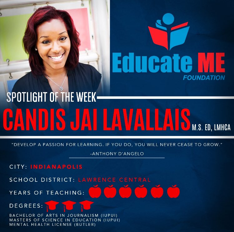 TheEducateME's tweet photo. This week spotlight: Indianapolis, IN @LCHSBears High School Counselor Candace Lavallais ✨ https://t.co/8RFZSWsJas