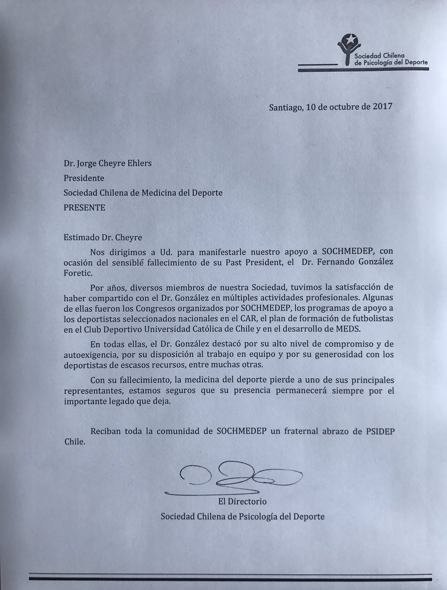 La Medicina y el Deporte hoy sufren la partida del Past President de @Sochmedep_cl Dr. Fernando González Foretic. Un saludo afectuoso.