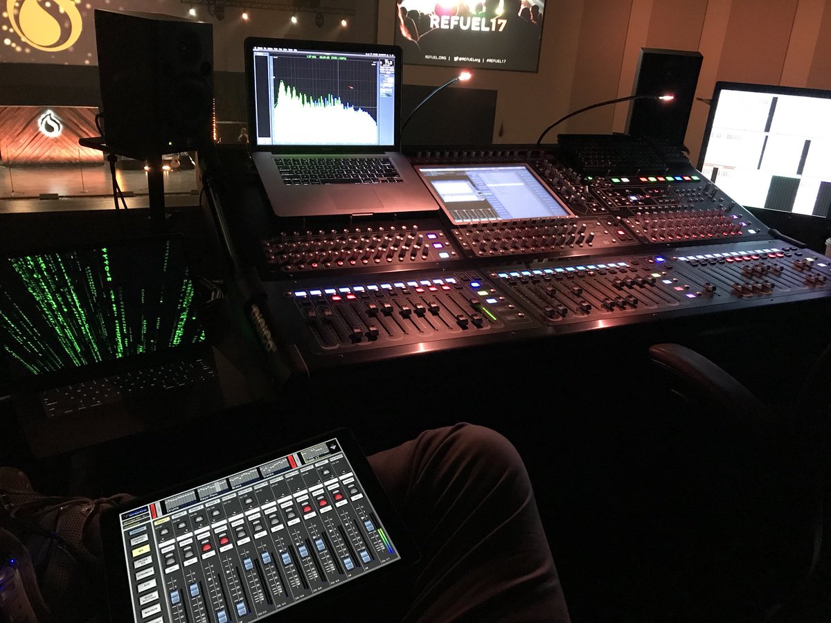 CSJudd's tweet photo. Office for the day with @mgerringer managing LiveStream and website updates for conference, and getting some training on the new board/system
Able to control the sound board with the iPad perched on knee (lower left in pic)
#Refuel2017 #NerdFun https://t.co/WE8xb5BFRD
