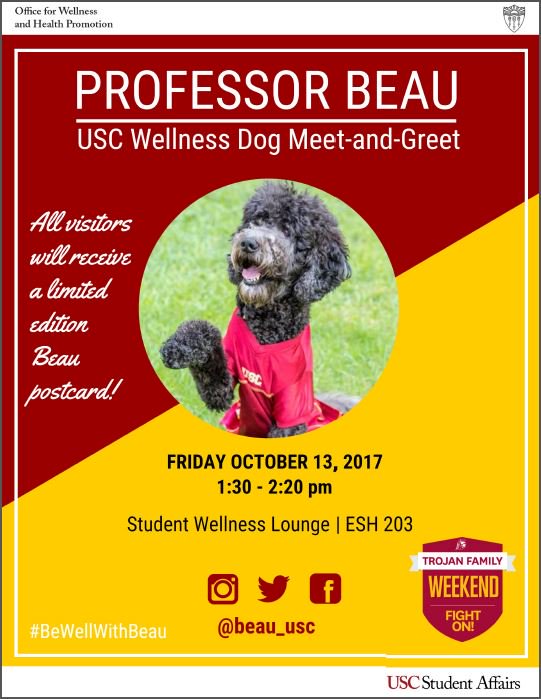 USC_OWHP's tweet photo. Our #WellnessDog @beau_usc is having a Meet-and-Greet this Friday. 1:30-2:30. Come to the Student Wellness Lounge (ESH203) with your family! https://t.co/bkI7dzbkwS
